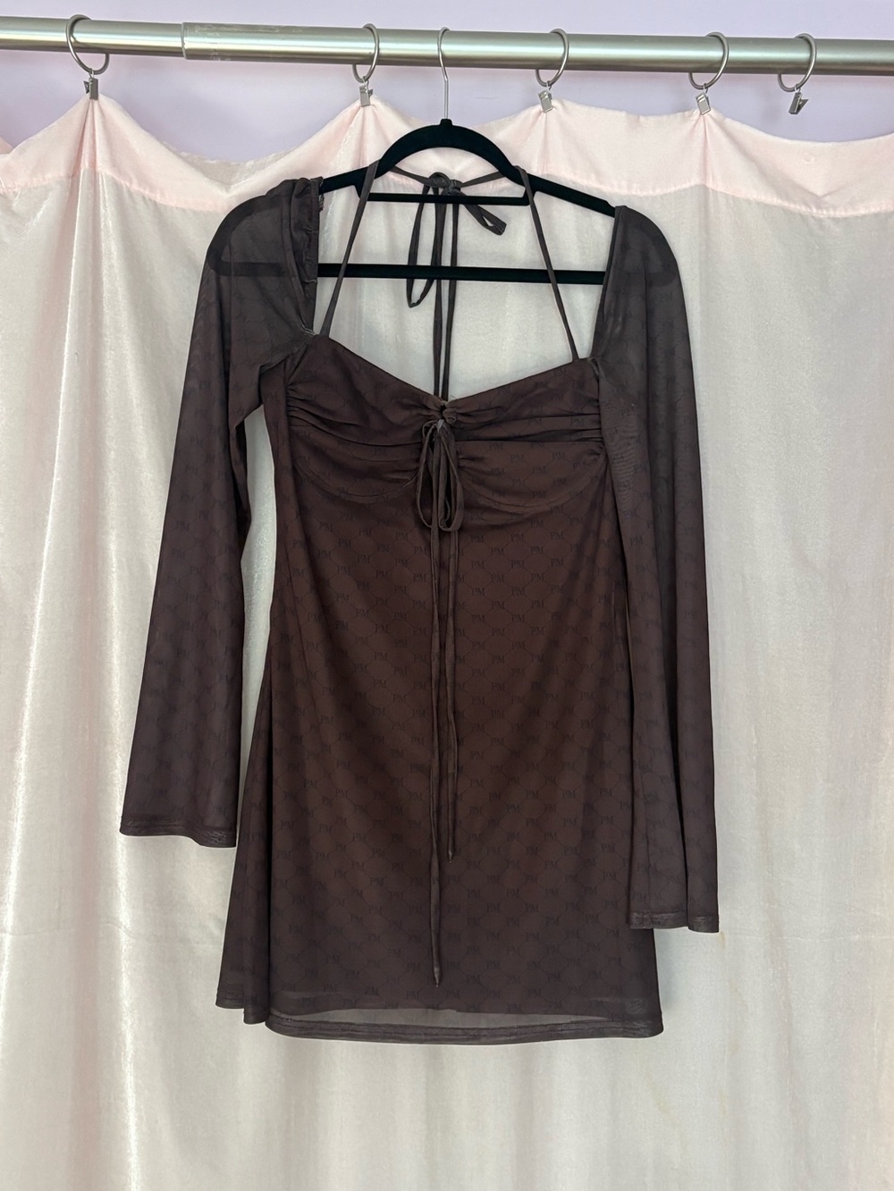 Peppermayo Brown Monogram Long-Sleeve Halter Mini Dress with Tie Neck